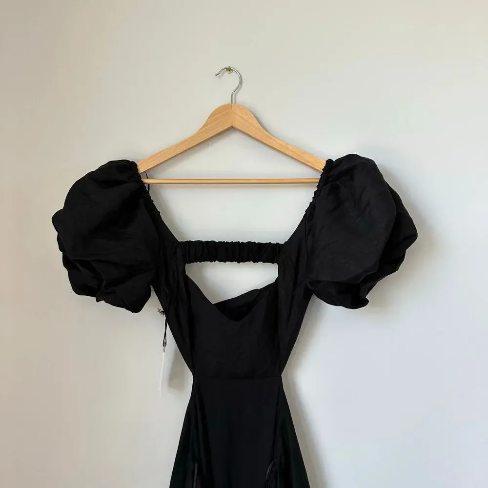 ASTR The Label Angeles Puff Sleeve Cutout Linen Dress Black S NWT - Picture 5 of 8